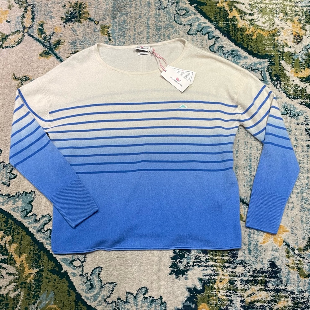 Vineyard Vines Cream-to-Blue Ombre Striped Scoop Neck Sweater